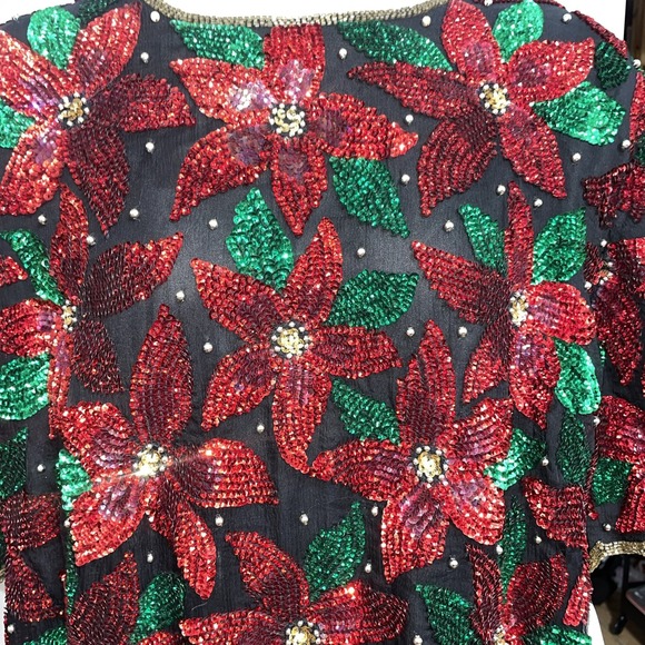 VTG Laurence Kazar Women's Black Sequined Beaded Poinsettia Christmas Top 2X NWT - Picture 2 of 16